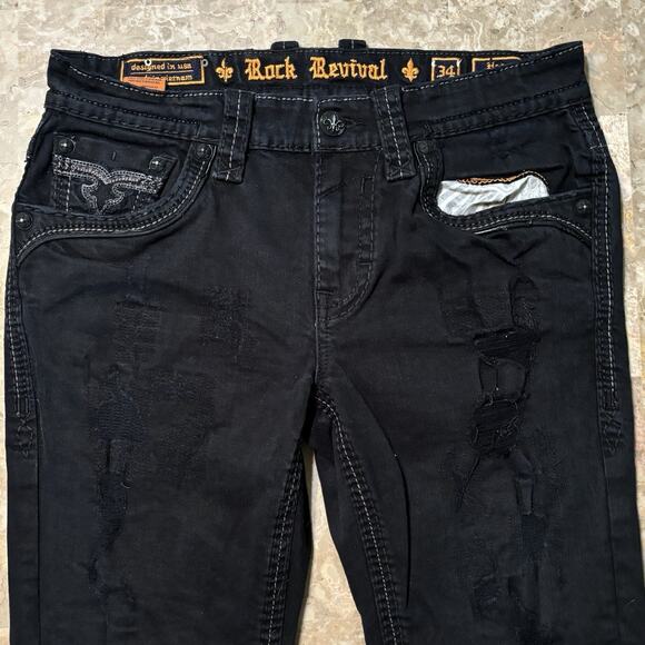 Rock Revival Jeans Mens 34 (Fits 36x30) Black Hebe Slim Straight Distressed - Picture 1 of 15